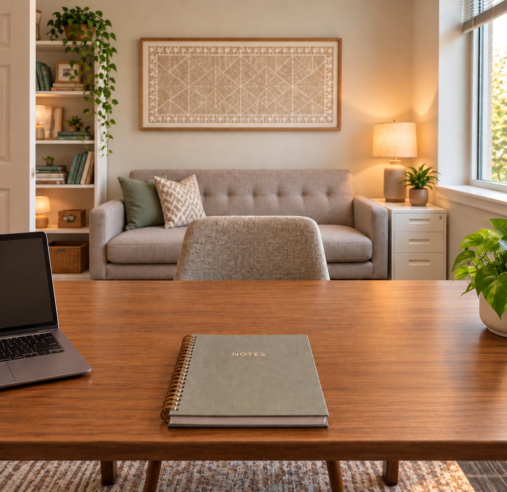 A notebook and laptop on a desk in a warm, comfortable office