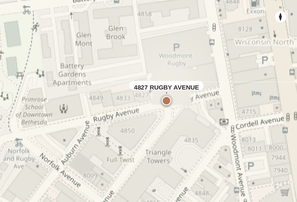 Map showing 4827 Rugby Avenue in downtown Bethesda, Maryland, near Wisconsin Avenue, Woodmont Avenue and Battery Lane