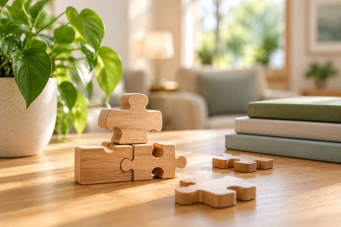 Wooden puzzle pieces coming together on a sunlit desk, with a plant nearby
